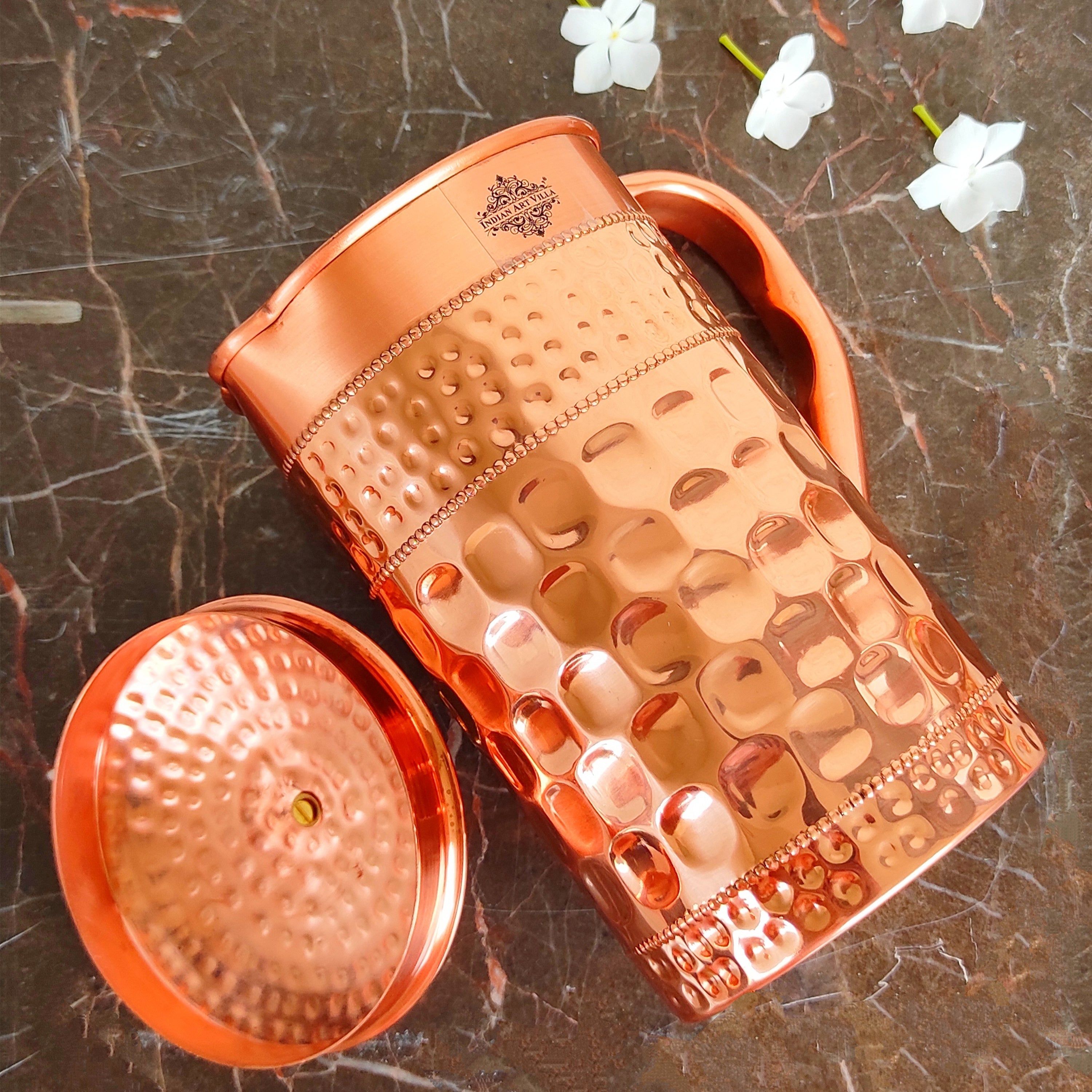 Pure copper jug with diamond hammered beeding & plain design diamond, 1500 ML